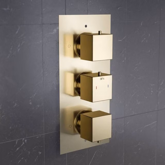 Nes Home 3 Dial 2 Way Concealed Square Thermostatic Mixer Valve in Brushed Brass Gold, W: 29.6 cm, H: 25.3 cm
