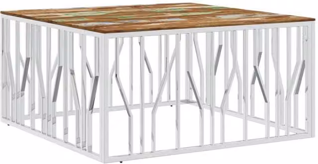 Berkfield Home Modern Square Coffee Table in Silver Stainless Steel and Reclaimed Solid Wood – 1