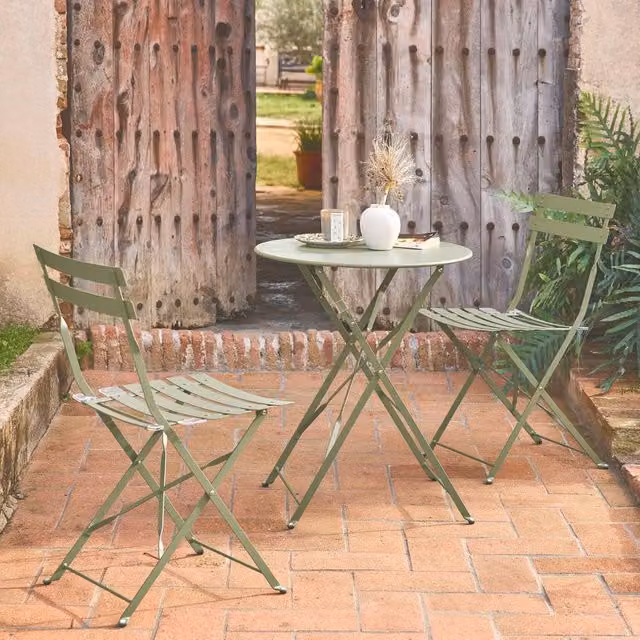 sweeek Round Folding Metal Bistro Garden Table and 2 Chairs Set in Light Green