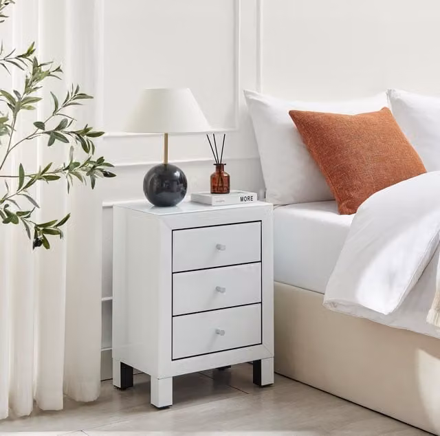 FurnitureboxUK Lexi Large Wooden Bedside Table with 3 Drawers and Modern White Mirrored Finish