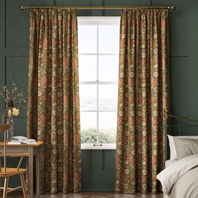 William Morris Compton Made To Measure Floral Velvet Curtains in Brick Red and Brown