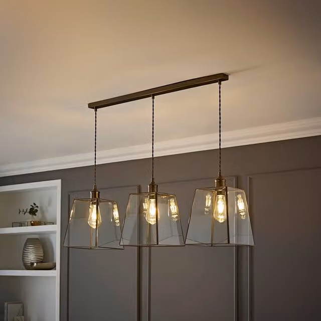 ValueLights Susie 3 Drop Glass Lantern Pendant Light in Brushed Brass, 97 cm