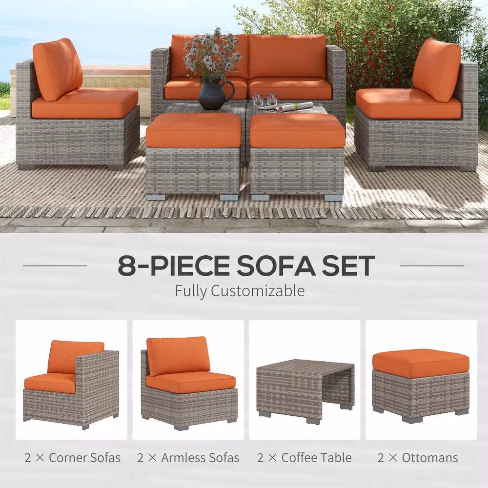 STILVORA 6-Seater Modern Sofa with Footstools in Orange with Metal and Rattan Details – 5