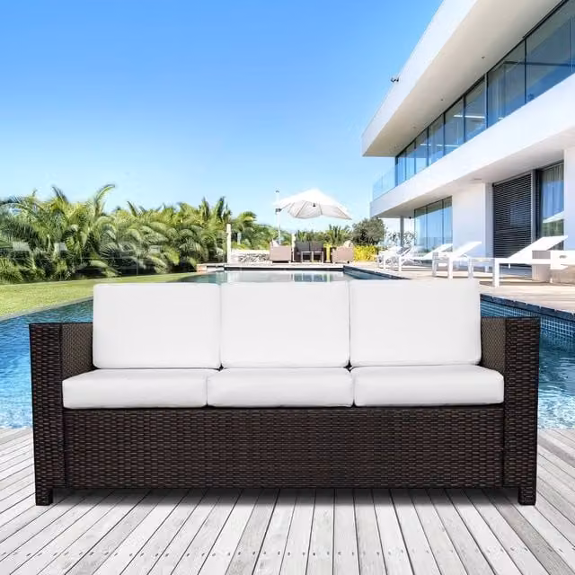 OUTSUNNY Brown Rattan Wicker 3-Seater Sofa with Upholstered Cushions and Powder Coated Steel Frame