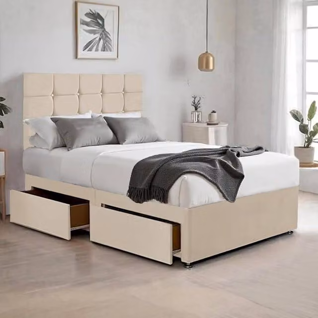 Bed Time UK Plush Divan Bed with 2 Drawers, 20" Cubic Headboard and Hybrid Mattress in Beige, Size: Double (W/D: 140 x 200 cm)