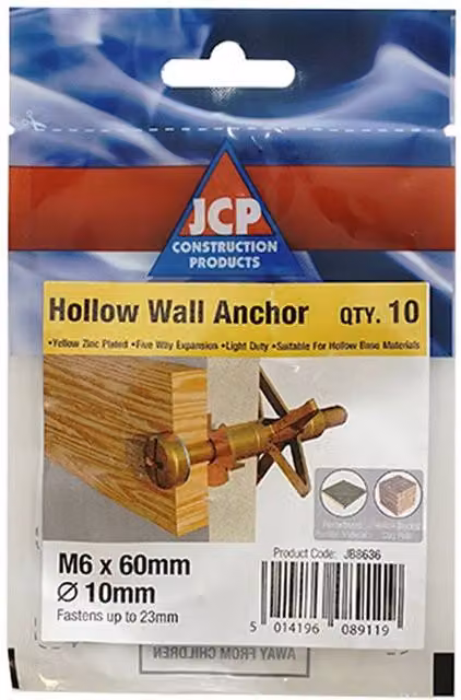 JCP Construction Products Blue Hollow Wall Cavity Anchors M4 x 45mm, Box of 50