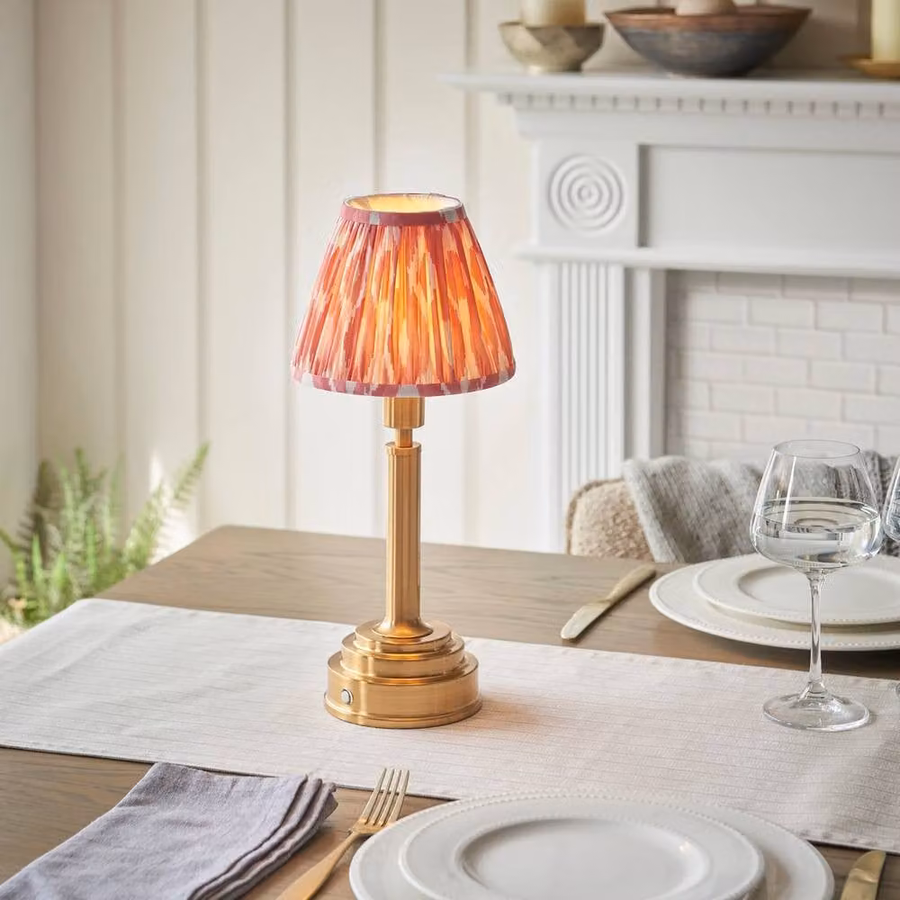 Netlighting Upton Rechargeable LED Table Lamp with Pink Multicolour Fabric Ikat Shade and Brass Base – 2
