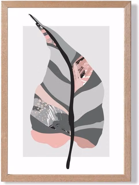 ARTZE Tropical Plant Boho Botanical Framed Print in Grey and Pink with Oak Wood Frame, A4