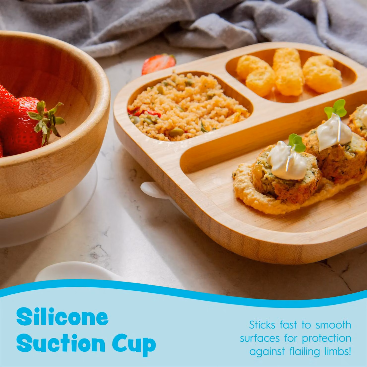 Tiny Dining 3-Piece Blue Bamboo and Silicone Segmented Suction Feeding Set for Toddlers – 4