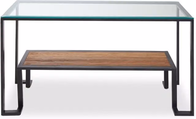 Orsina Roman Rectangular Console Table with Transparent Glass Top, Black Metal Frame and Teak Wood Lower Shelf, W/D/H: 150 x 50 x 78 cm – 1