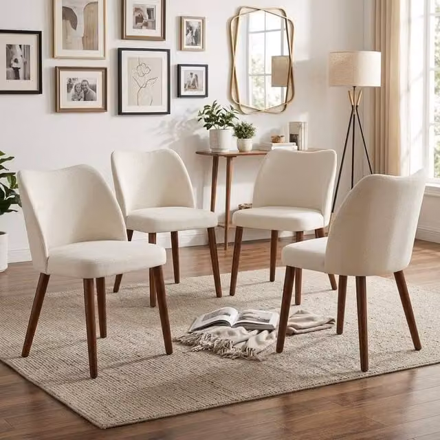 London Boutique Set of 4 Modern Upholstered Dining Chairs in Off-White