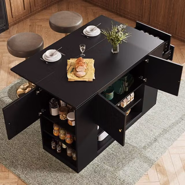 BTM Modern Kitchen Island Sideboard with Drawers and Shelves, Black, W/D/H: 140 x 40 x 90 cm – 1