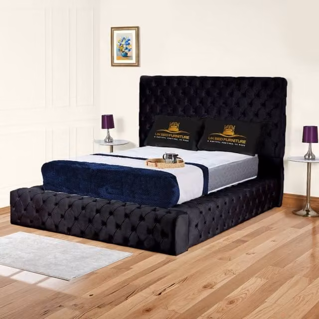 UK Bed Furniture Ambassador Double Ottoman Gas Lift Upholstered Velvet Bed in Black
