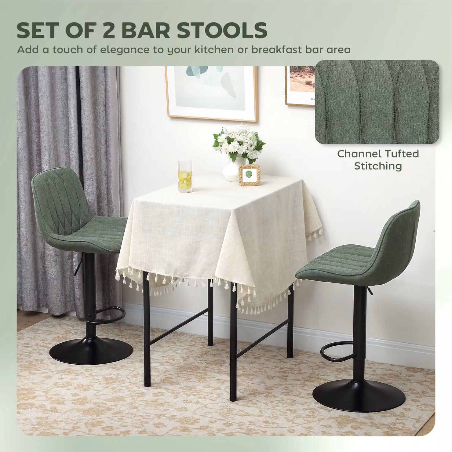 HOMCOM Set of 2 Adjustable Height Breakfast Bar Stools with 360 Degree Swivel and Green Linen Upholstery – 4