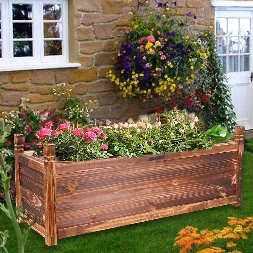 KORVIXA Brown Wooden Raised Garden Planter Trough, W: 90 cm, D: 30 cm, H: 34 cm – 3