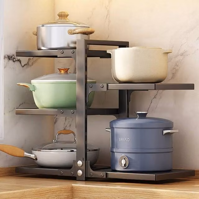 PAWNORA Freestanding Metal Saucepan Pot Rack with Left 3 Tier and Right 2 Tier Shelving, Black – 1