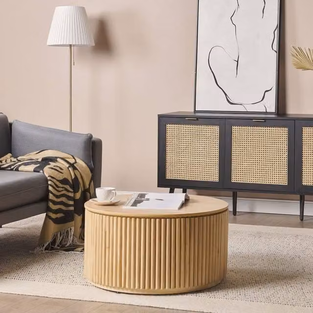 Wyld and Coco 3-Door Black Sideboard with Rattan Front and Rubberwood Legs W/D/H: 150 x 40 x 71 cm
