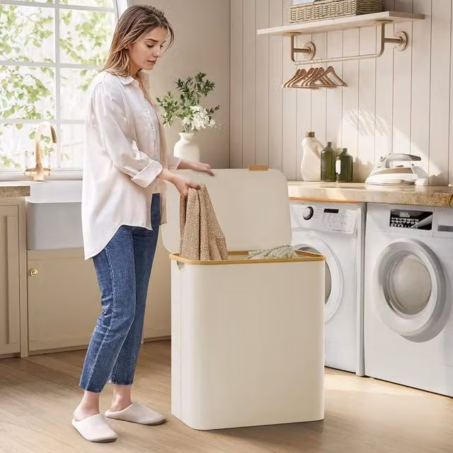 SONGMICS Extra Large 3-Section Collapsible Laundry Hamper with Bamboo Handles in White