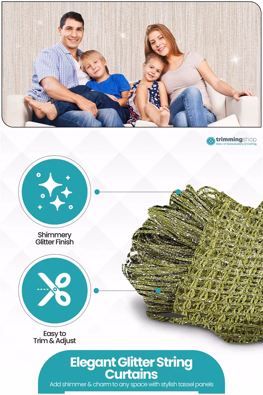 Neel Blue Glitter Polyester String Curtain with Green Spaghetti Tassel Fringe, W: 90 cm, H: 200 cm – 2