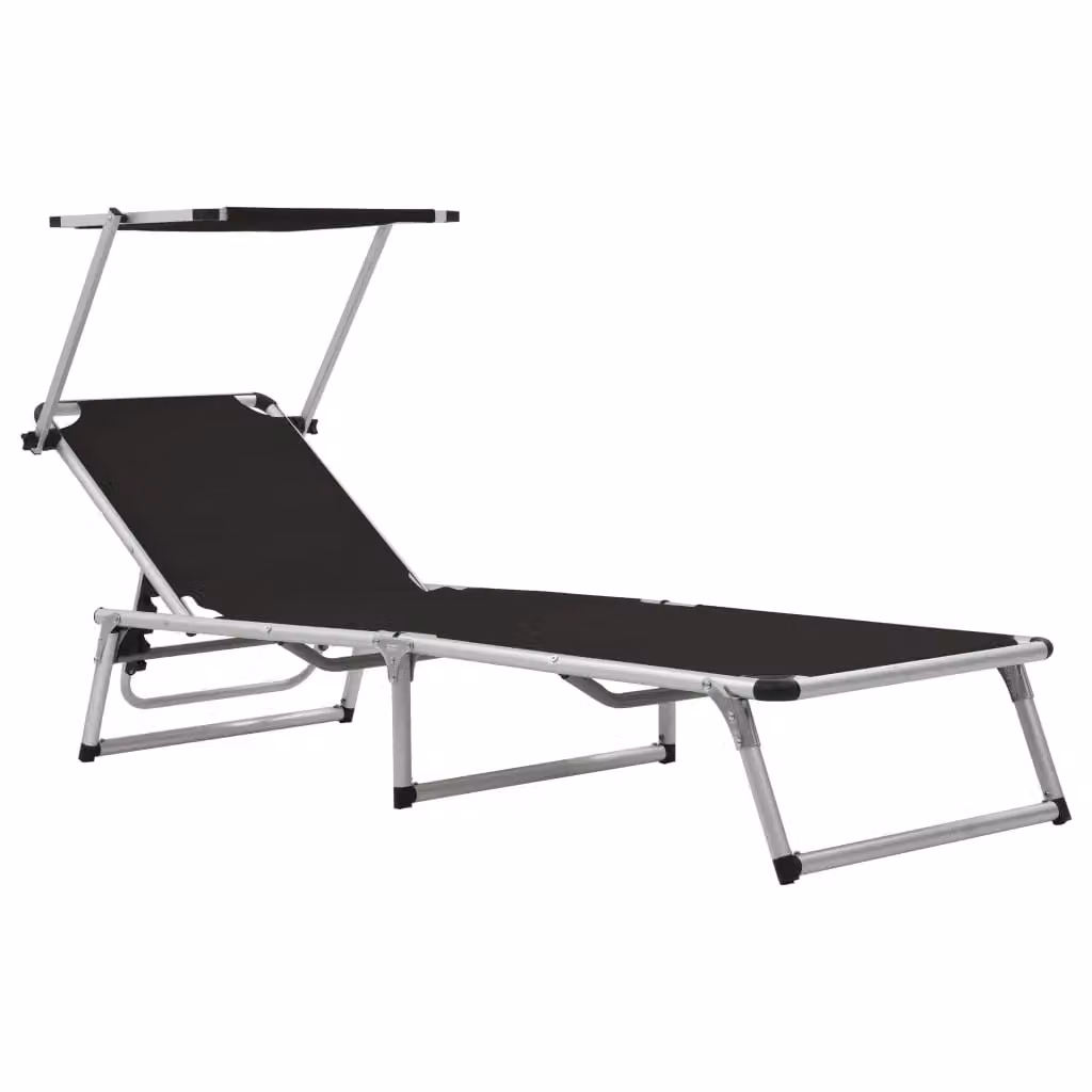 Berkfield Home Set of 2 Folding Sun Loungers with Sun Canopy and Adjustable Headrest in Black Powder Coated Aluminium and Textilene – 2