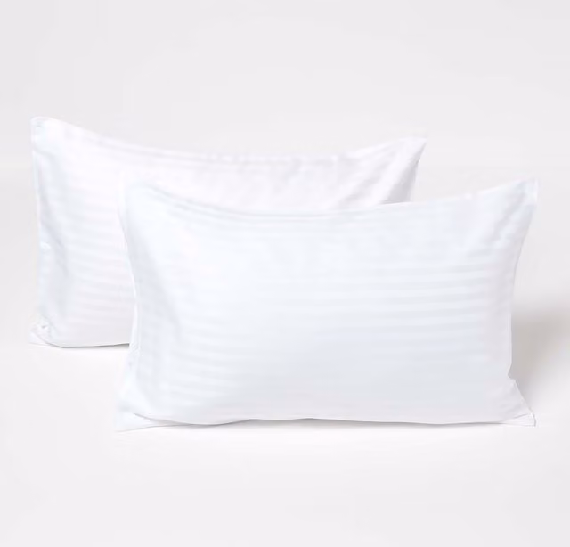 Homescapes 2 Pack White Striped Cotton Percale Kids Pillowcases, 330 Thread Count, W/H: 40 x 60 cm