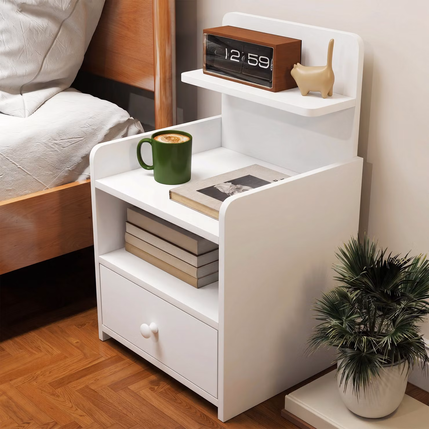 HOMCOM White Bedside Cabinet with Drawer and Shelf for Bedroom or Living Room – 5