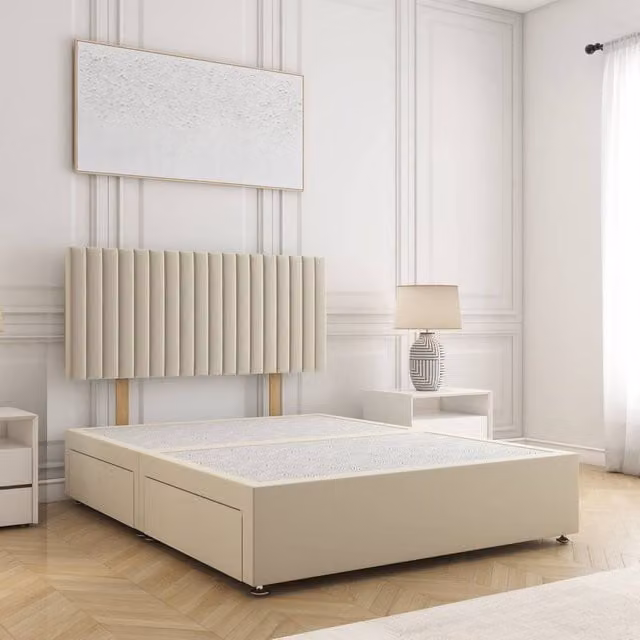 BSSPOKE Brooke Super King Divan Bed with 24 inch Plush Headboard and 2 Drawers in Beige Velvet Fabric, W/D/H: 200 x 200 x 30.48 cm