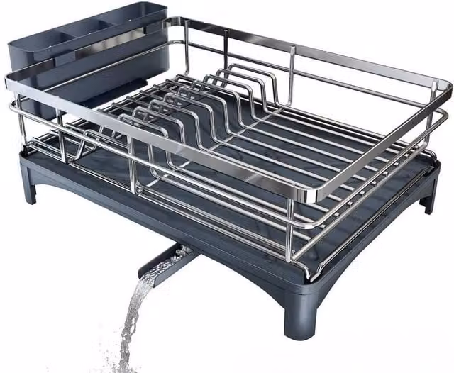 FORGEVIO 1 Tier Stainless Steel and Glass Dish Drainer Rack in Black