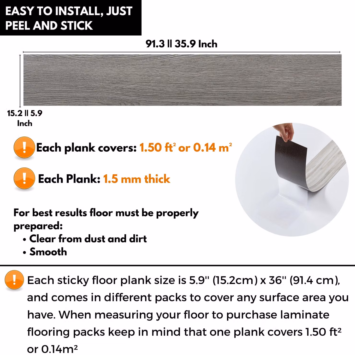 Novecrafto Self Adhesive Grey Wood Look Vinyl Floor Planks, 7 Pack, W: 91.4 cm, D: 15.2 cm – 2