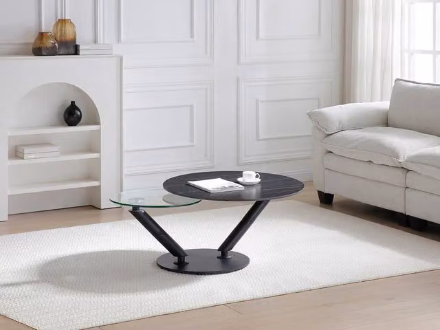 Vente-unique Modern Rectangular Coffee Table with Rotating Ceramic and Transparent Glass Trays in Black and Clear