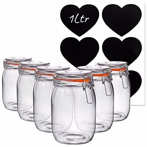 Argon Tableware Glass Storage Jars with Labels, 1 l, Pack of 6, Orange, White, Transparent and Black Seals