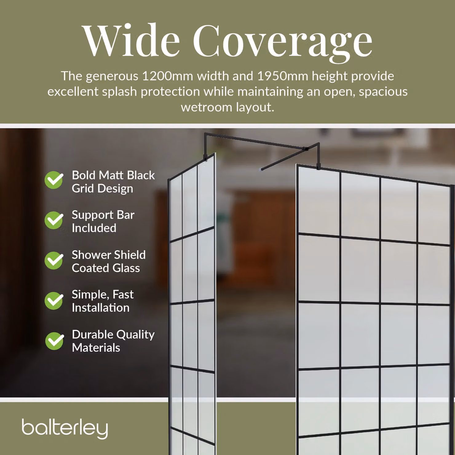 Balterley Walk-In Glass Wetroom Screen and Tray Set, Black, W: 1700 mm, D: 800 mm, Glass Thickness: 8 mm – 4