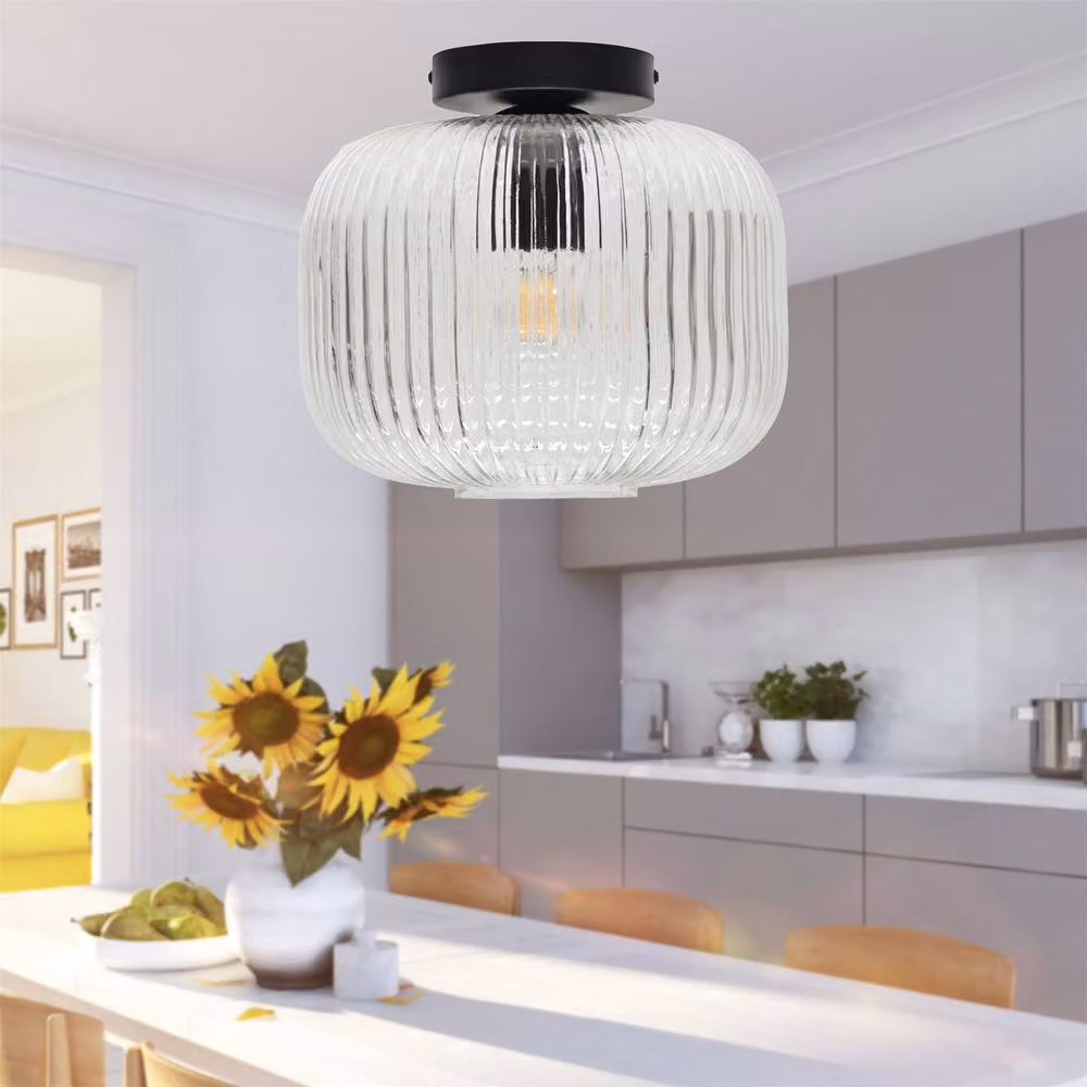First Choice Lighting Batley Large Black Ceiling Light Fitting with Transparent Ribbed Glass – 3