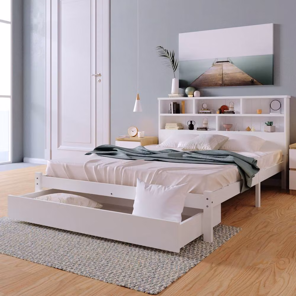 ModernLuxe White Wooden Bed Frame with Storage Headboard and Drawers, Size: 140 x 200 cm – 4
