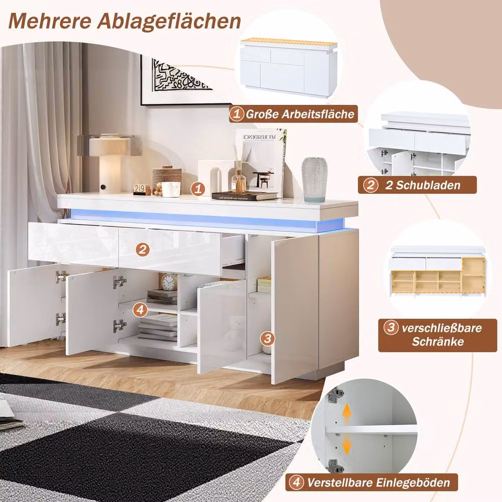 BTM Modern High Gloss White Sideboard with Integrated LED Lighting and Drawers, W/D/H: 140.0 x 35.0 x 72.5 cm – 4
