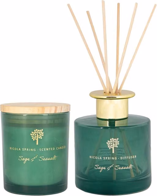 Nicola Spring Sage & Seasalt Scented Candle and Reed Diffuser Gift Set, Green, 130g Soy Wax Candle and 200ml Diffuser – 6