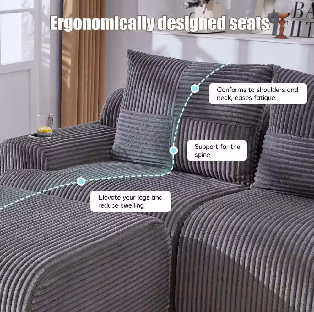 STILVORA 4-Seater Modular U-Shape Sofa in Grey with Cup Holders and Reversible Cord Fabric, W: 333 cm, D: 174 cm, H: 80 cm – 3