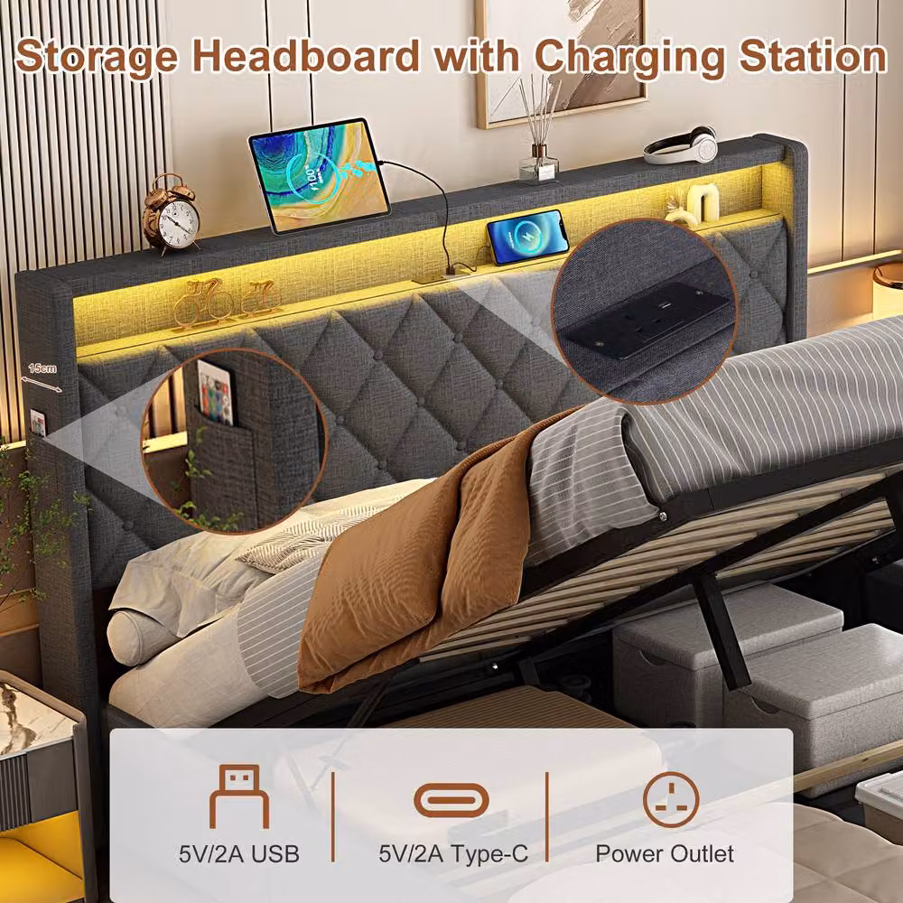 Matteo Grey Linen Double Ottoman Bed Frame with Hydraulic Storage, LED Lighting and USB Charging Port – 5