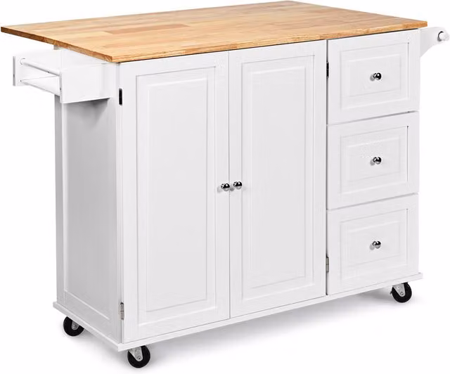 Costway Classic Kitchen Cart in White Rubberwood