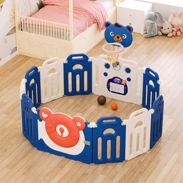 Livingandhome Foldable Baby Playpen Donut Bear Yard with Hoop, Blue and White, W: 163 cm, H: 123 cm, D: 65 cm