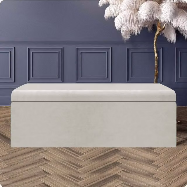 R&M Furnishers Large Plain Safar Storage Ottoman Box in White Plush Velvet