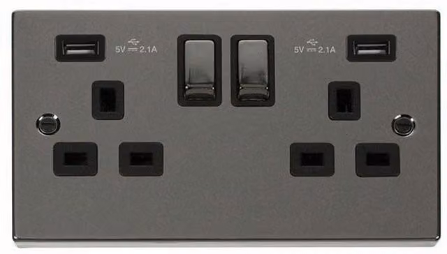 SE HOME Black Nickel 2 Gang 13A DP Ingot 2 USB Twin Double Switched Surface Plug Socket