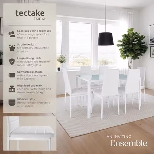 tectake Modern Dining Table Set with 6 Faux Leather Chairs, White Safety Glass Top and Steel Frame, W/D/H: 150 x 90 x 75 cm – 2