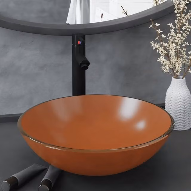 Berkfield Home Round Brown Tempered Glass Countertop Bathroom Sink with Tap and Push Drain – 1