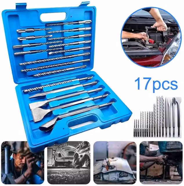 SPETLEK 17-Piece SDS Plus Rotary Hammer Drill Bit and Flat Chisel Set in Blue and Silver, W/D/H: 1000 x 52 x 52 cm – 1
