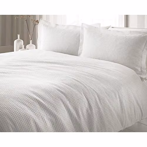 Yard Waffle Textured 100% Cotton Duvet Cover and Pillowcase Set in White, W/D/H: 140 x 200 cm and 90 x 200 cm