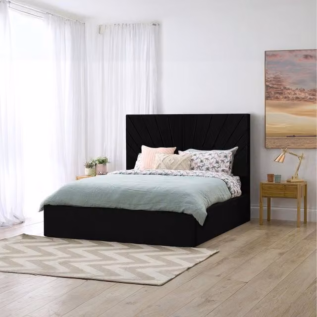 Desire Deco Sunrise Storage Bed in Black Velvet Fabric, W/D/H: 120 x 200 cm