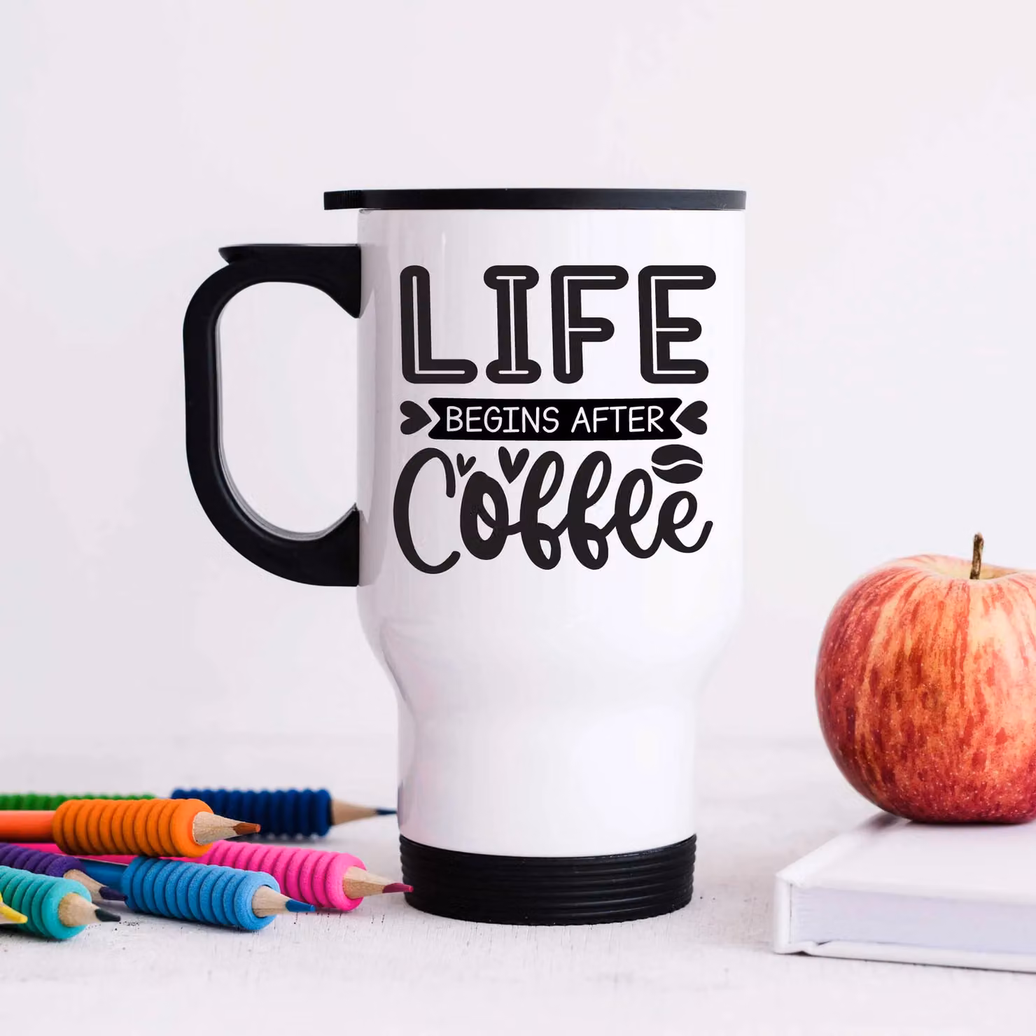 60 Second Makeover Life Begins After Coffee Metal Travel Mug in White – 2