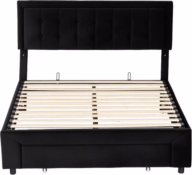 ERGOVEXA Black Velvet Double Ottoman Bed Frame with Lift Up Base and Front Drawer, W: 140 cm, D: 190 cm, H: 104 cm