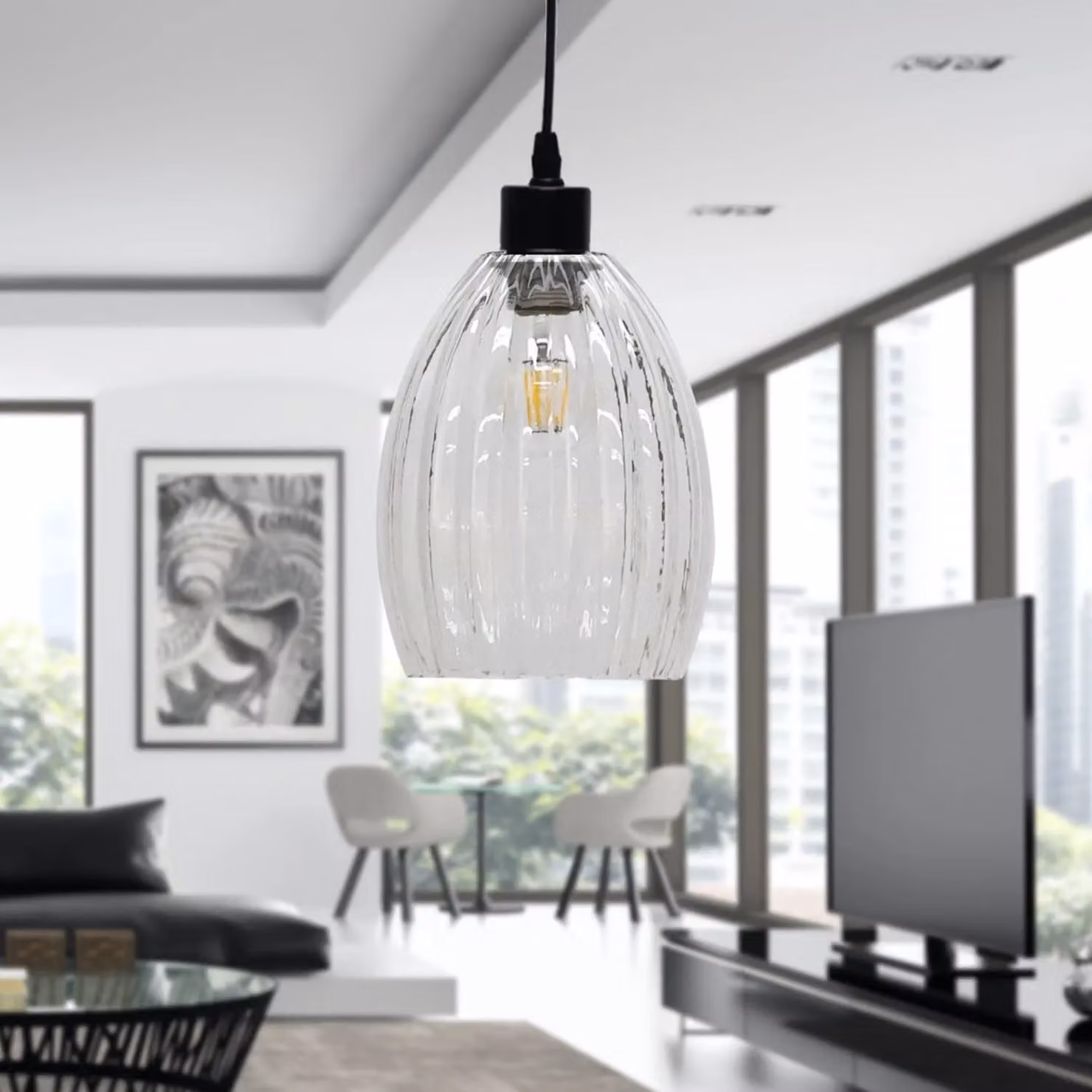 First Choice Lighting Birch Pendant Light with Transparent Fluted Glass and Black Fitting – 3